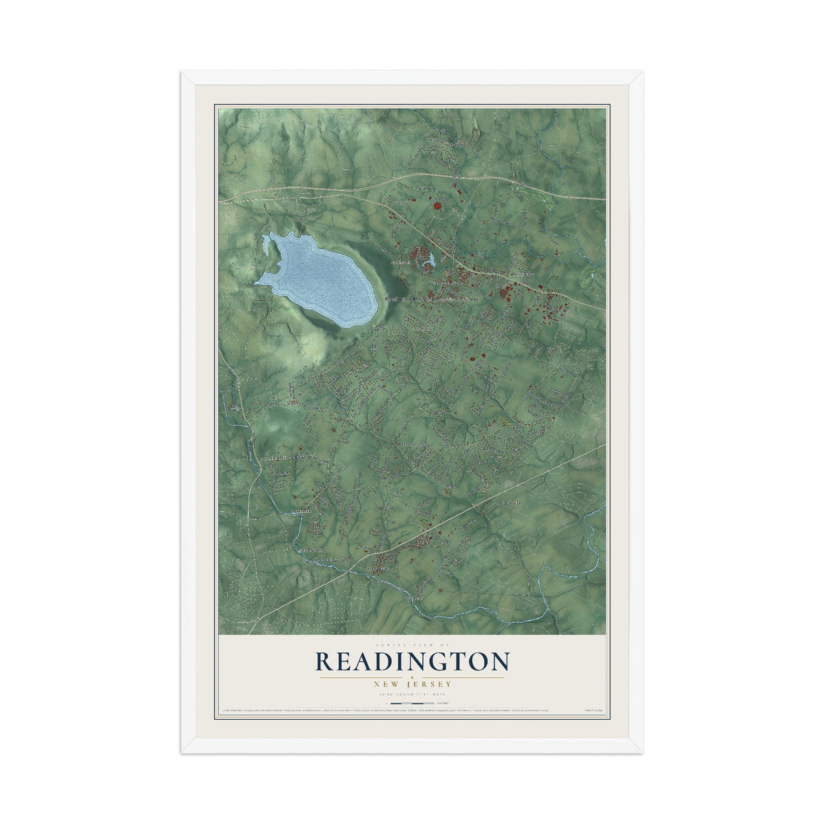 Readington, New Jersey map print, 12" x 18" W/ White Ayous Wood Frame mockup