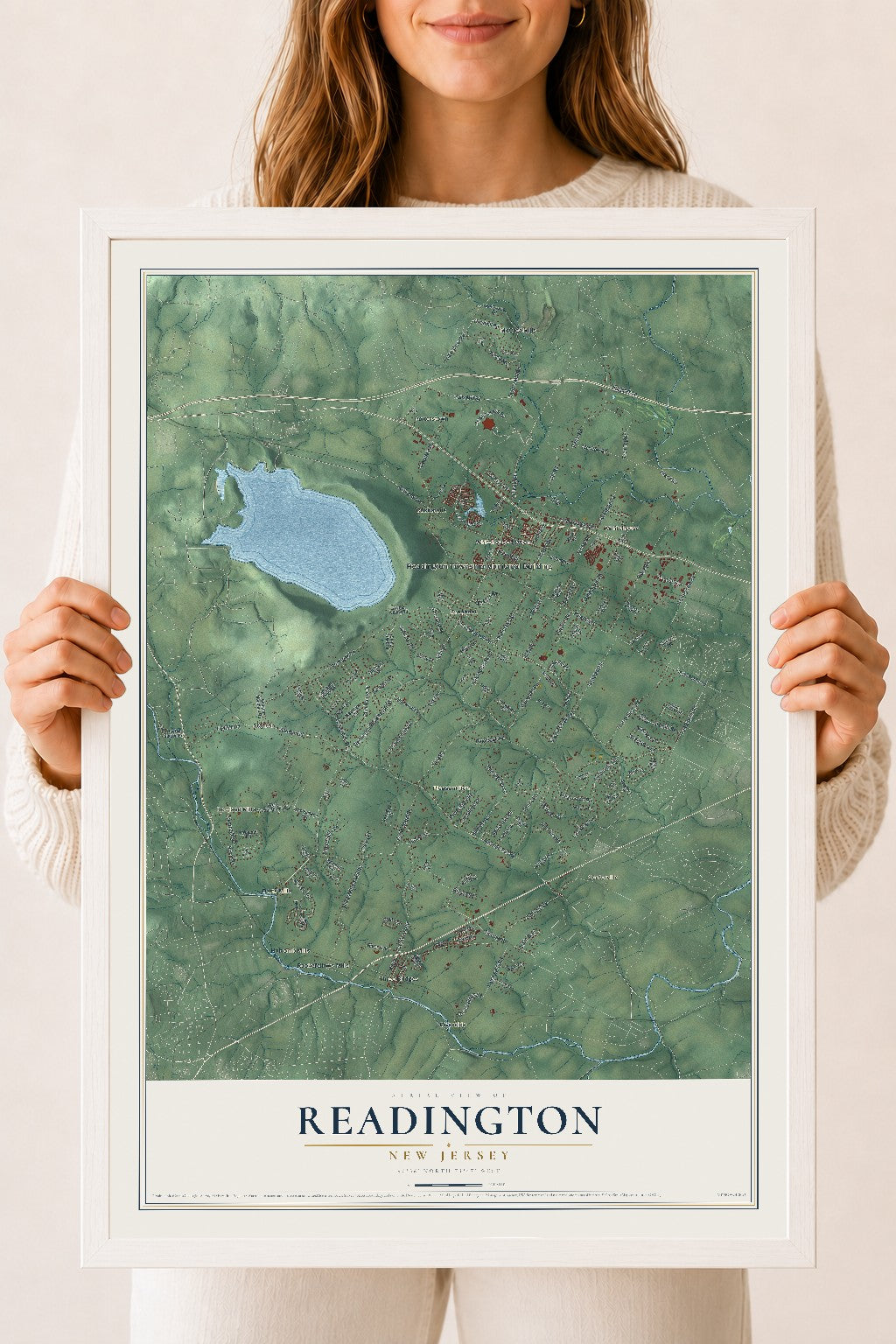 Readington, New Jersey map print, 18" x 24" W/ White Ayous Wood Frame mockup