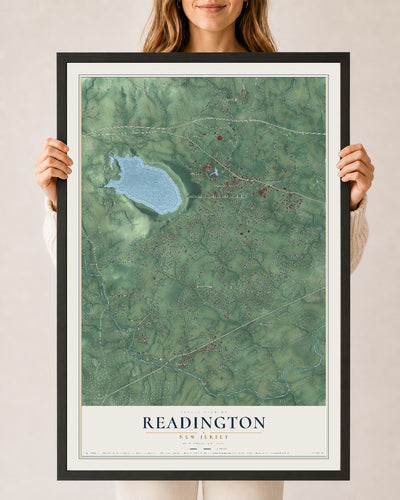 Readington, New Jersey map print, 24" x 36" W/ Black Ayous Wood Frame mockup