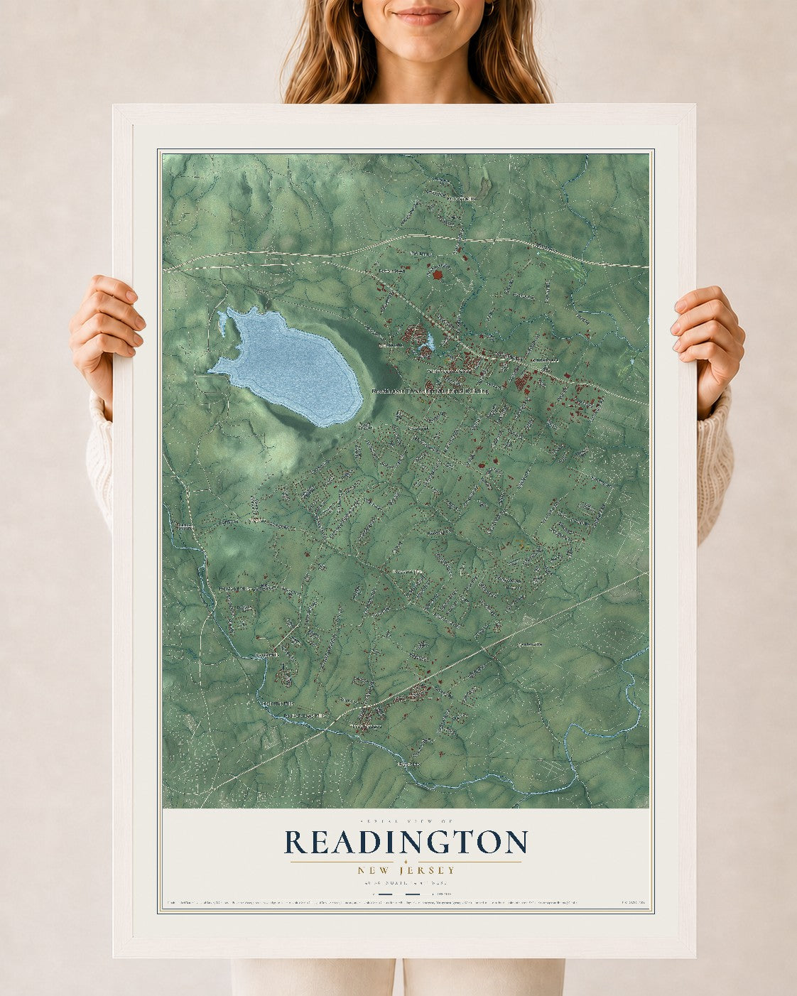 Readington, New Jersey map print, 24" x 36" W/ White Ayous Wood Frame mockup