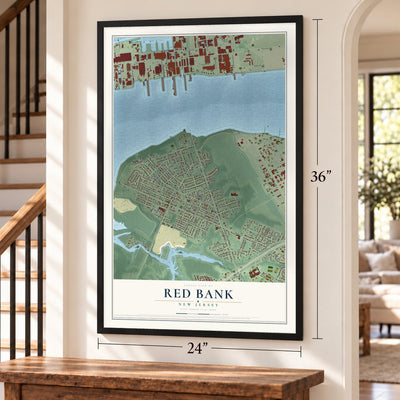 Red Bank, Gloucester County, New Jersey map, 24 x 36 inch print in a black frame by a staircase