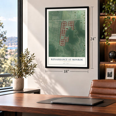 Renaissance at Monroe, New Jersey map, 18 x 24 inch print in a black frame in a home office