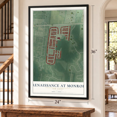 Renaissance at Monroe, New Jersey map, 24 x 36 inch print in a black frame by a staircase