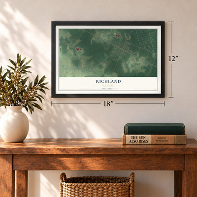 Richland, New Jersey map, 12 x 18 inch print in a black frame in an entryway