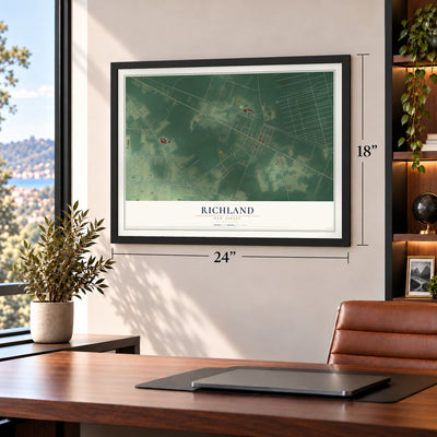 Richland, New Jersey map, 18 x 24 inch print in a black frame in a home office
