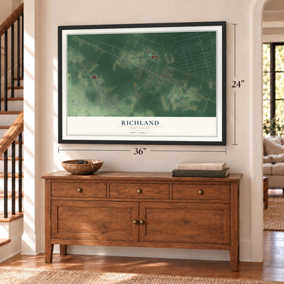 Richland, New Jersey map, 24 x 36 inch print in a black frame above a dresser by a staircase