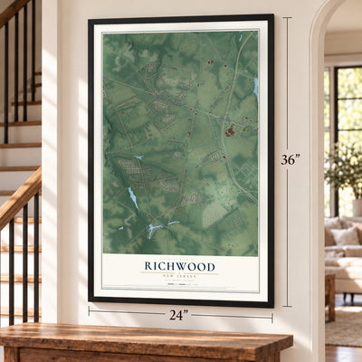 Richwood, New Jersey map, 24 x 36 inch print in a black frame by a staircase