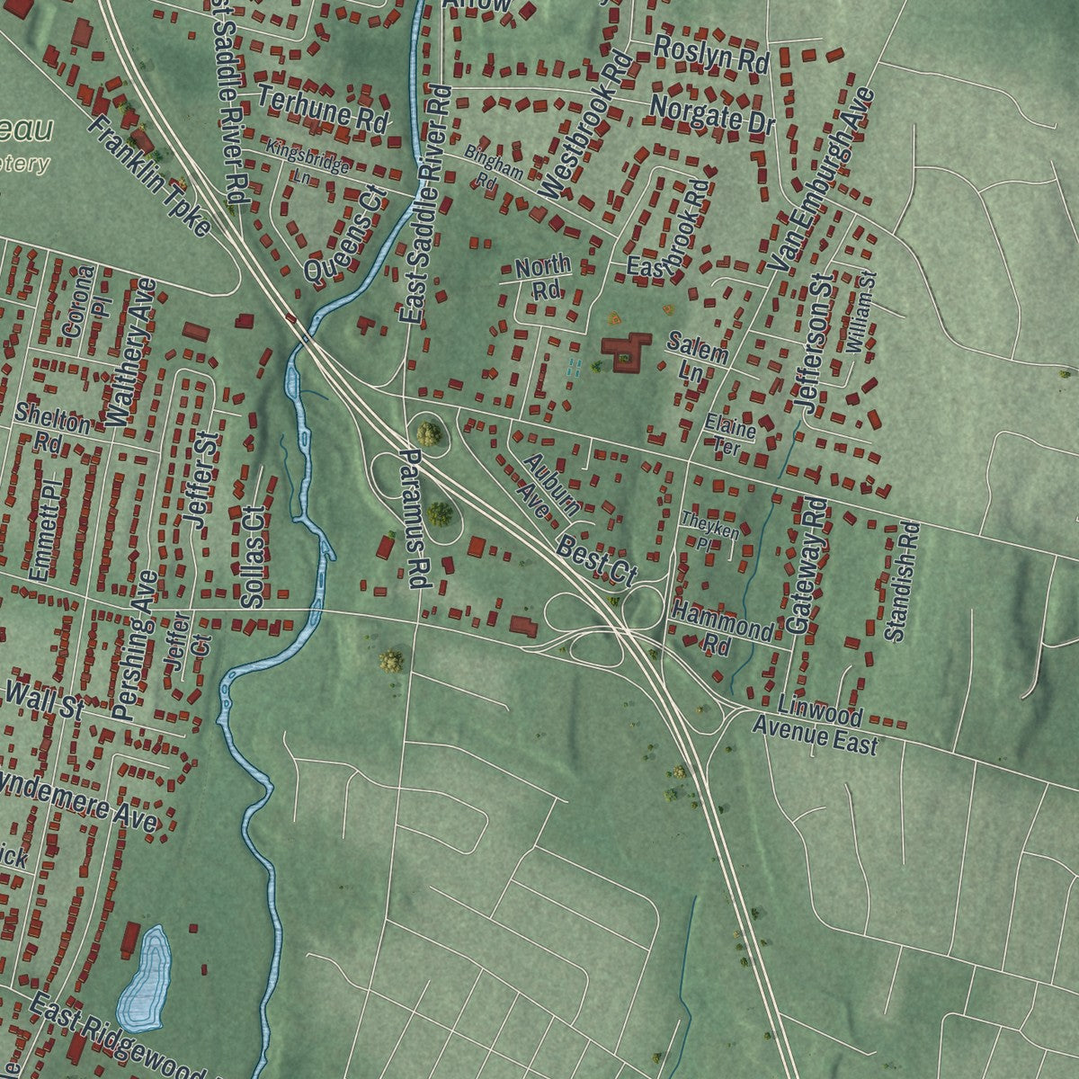 Close-up 2 of the Ridgewood, New Jersey map artwork