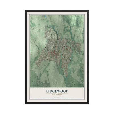 Ridgewood, New Jersey map print, 12" x 18" W/ Black Ayous Wood Frame mockup