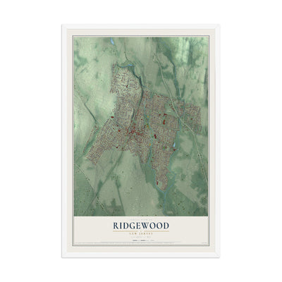 Ridgewood, New Jersey map print, 12" x 18" W/ White Ayous Wood Frame mockup