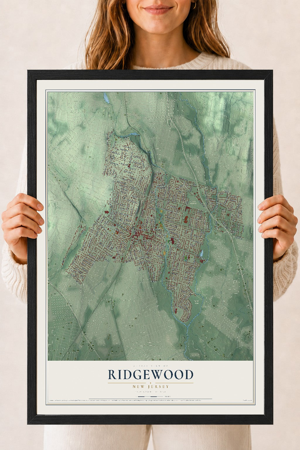 Ridgewood, New Jersey map print, 18" x 24" W/ Black Ayous Wood Frame mockup