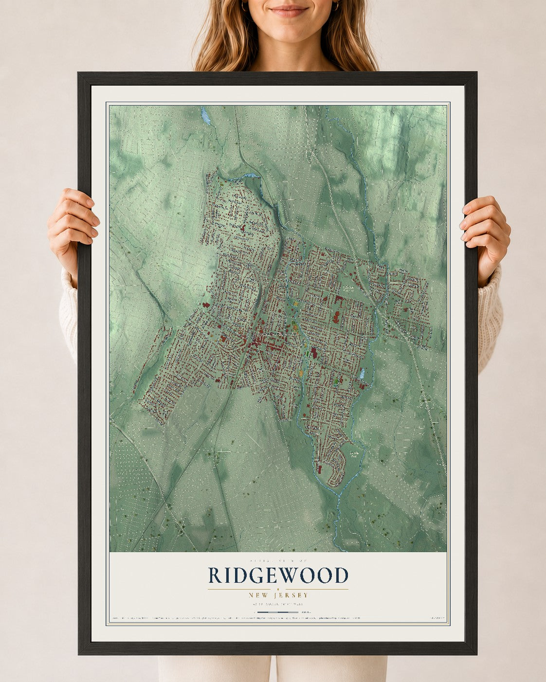 Ridgewood, New Jersey map print, 24" x 36" W/ Black Ayous Wood Frame mockup