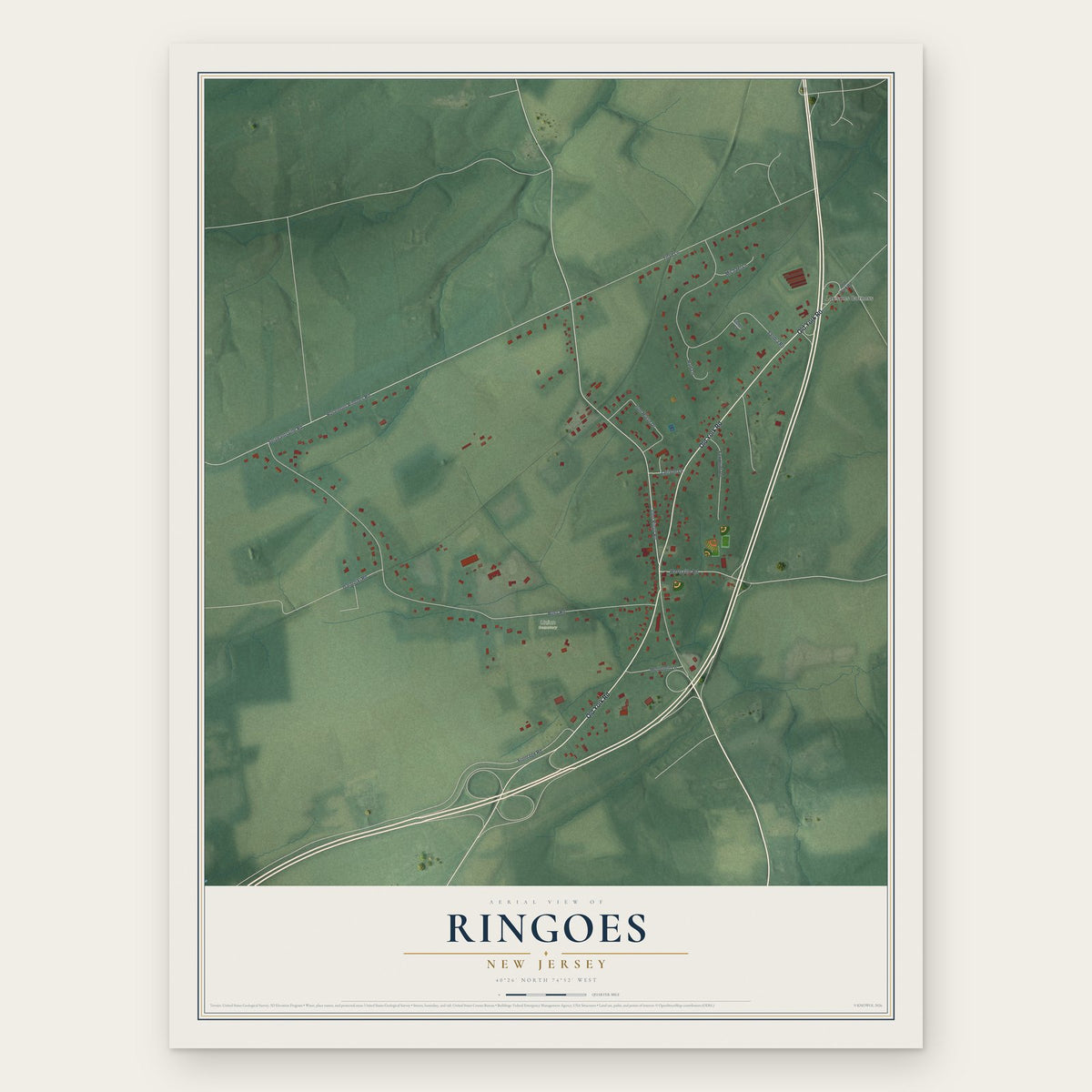 Ringoes, New Jersey map print, the full design