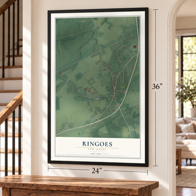 Ringoes, New Jersey map, 24 x 36 inch print in a black frame by a staircase