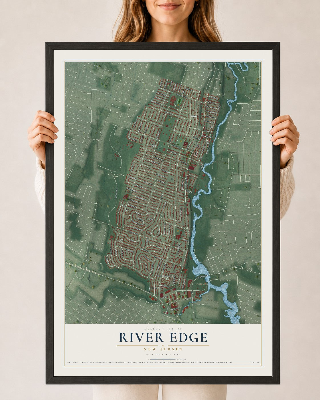River Edge, New Jersey map print, 24" x 36" W/ Black Ayous Wood Frame mockup