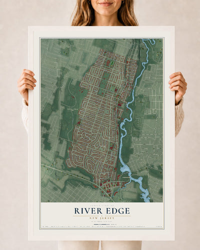 River Edge, New Jersey map print, 24" x 36" W/ White Ayous Wood Frame mockup