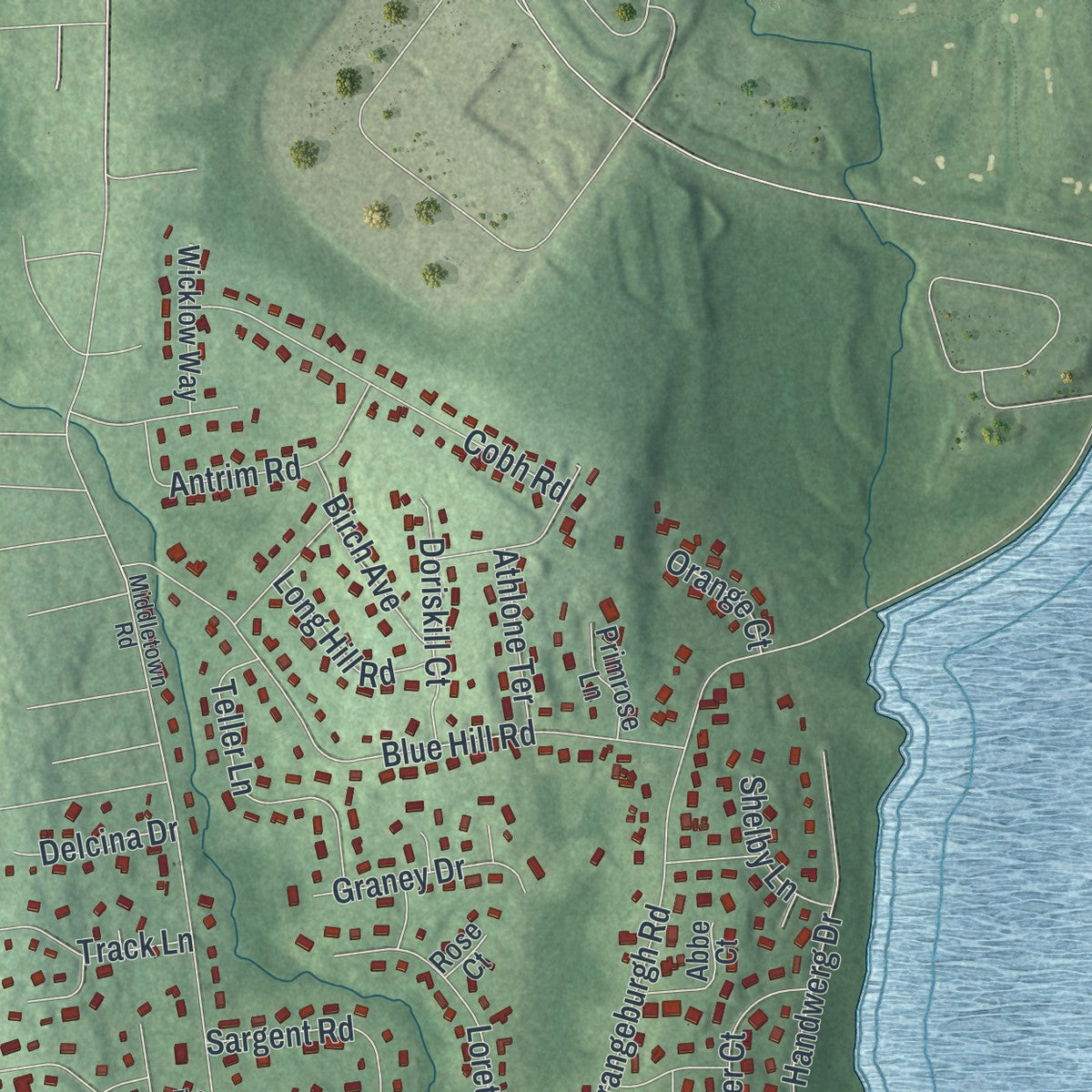 Second close-up of the map of River Vale, New Jersey print showing more streets and buildings