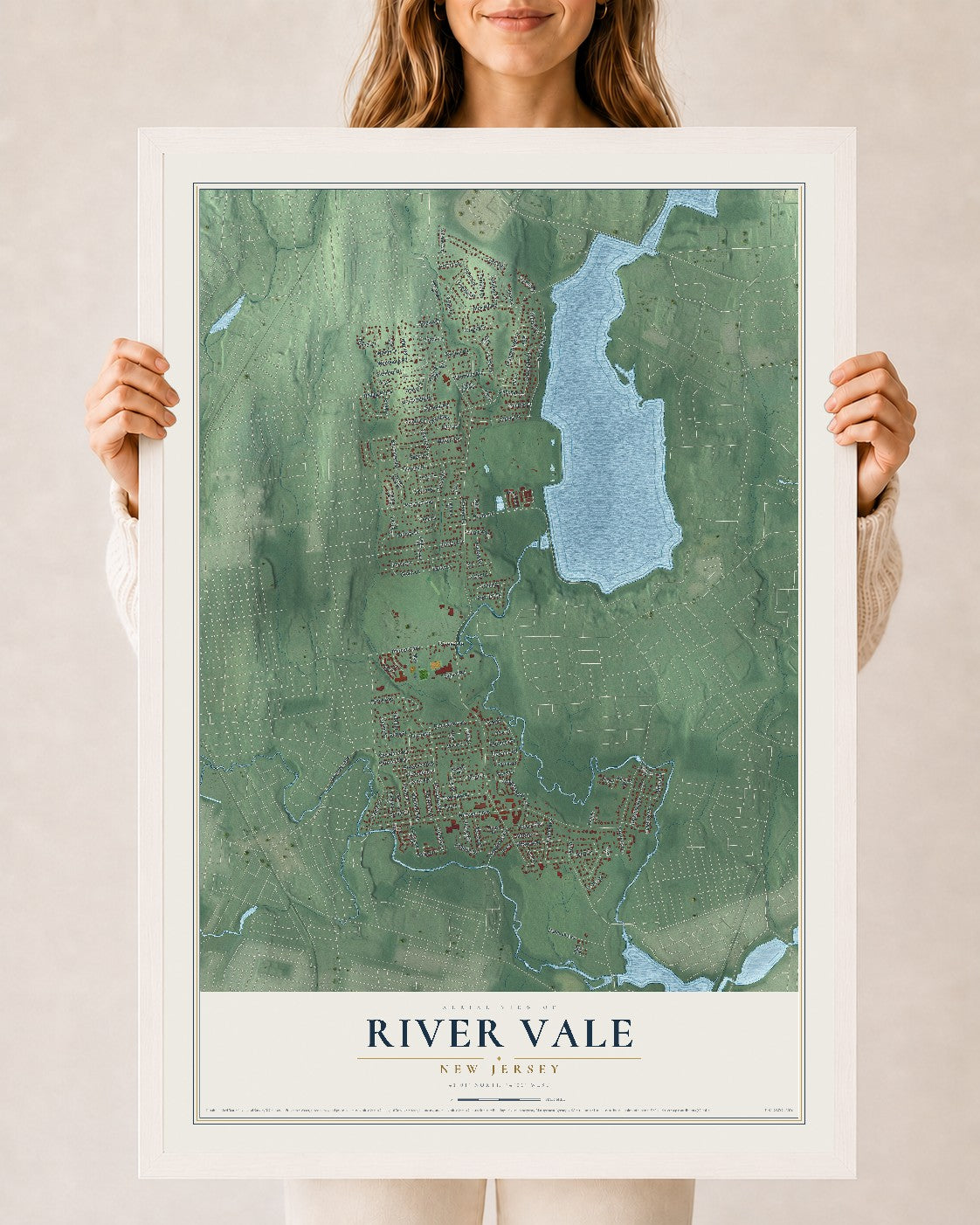 Map of River Vale, New Jersey, 24 x 36 inch print in a white wood frame