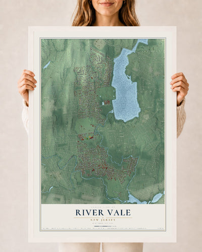 Map of River Vale, New Jersey, 24 x 36 inch print in a white wood frame