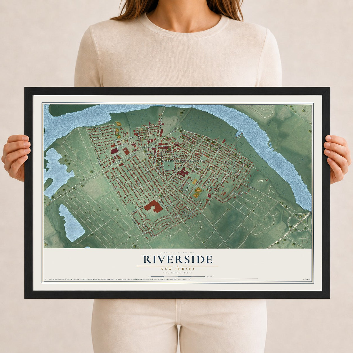 Riverside, New Jersey map print, 12" x 18" W/ Black Ayous Wood Frame mockup