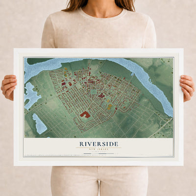 Riverside, New Jersey map print, 12" x 18" W/ White Ayous Wood Frame mockup