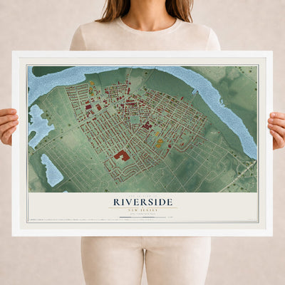 Riverside, New Jersey map print, 18" x 24" W/ White Ayous Wood Frame mockup