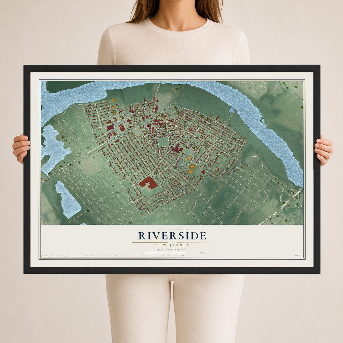Riverside, New Jersey map print, 24" x 36" W/ Black Ayous Wood Frame mockup