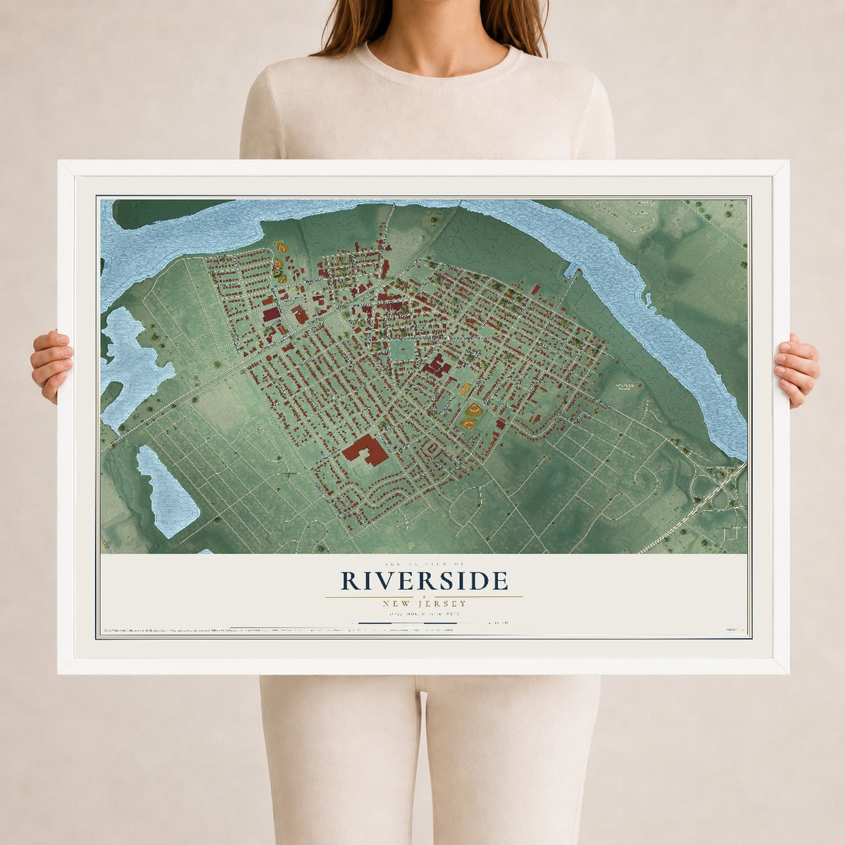 Riverside, New Jersey map print, 24" x 36" W/ White Ayous Wood Frame mockup