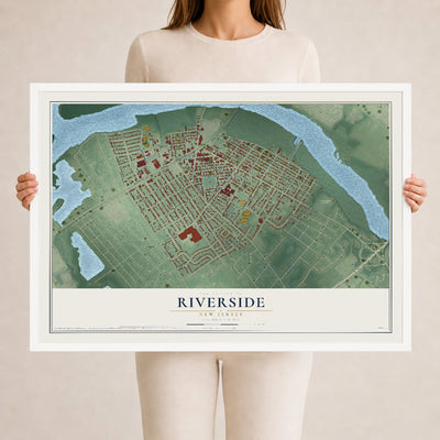 Riverside, New Jersey map print, 24" x 36" W/ White Ayous Wood Frame mockup