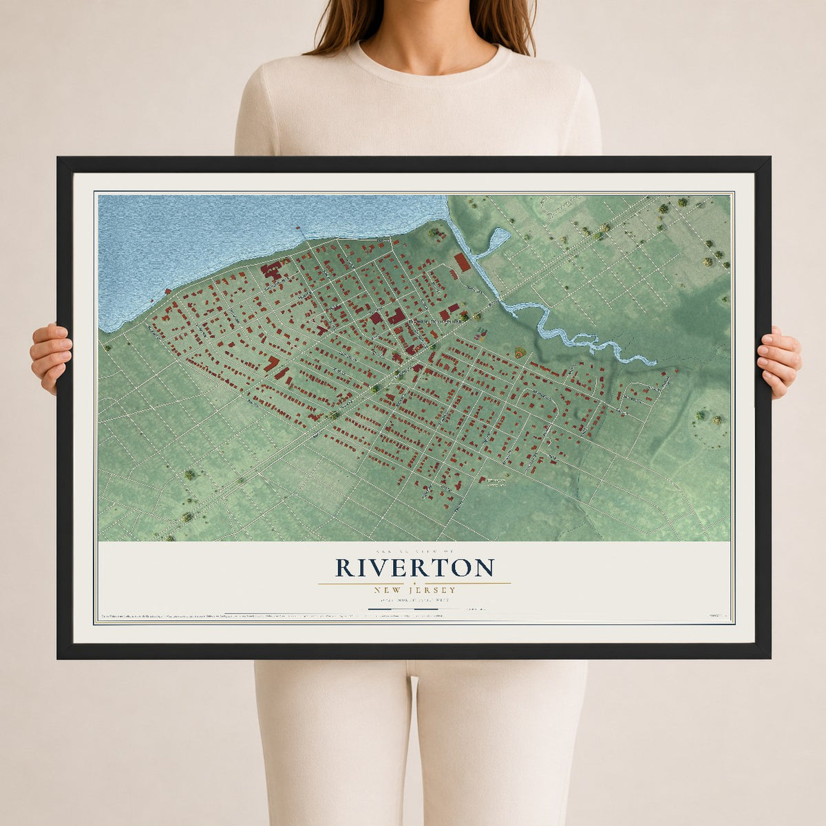 Riverton, New Jersey map print, 24" x 36" W/ Black Ayous Wood Frame mockup