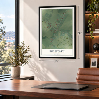 Roadstown, New Jersey map, 18 x 24 inch print in a black frame in a home office