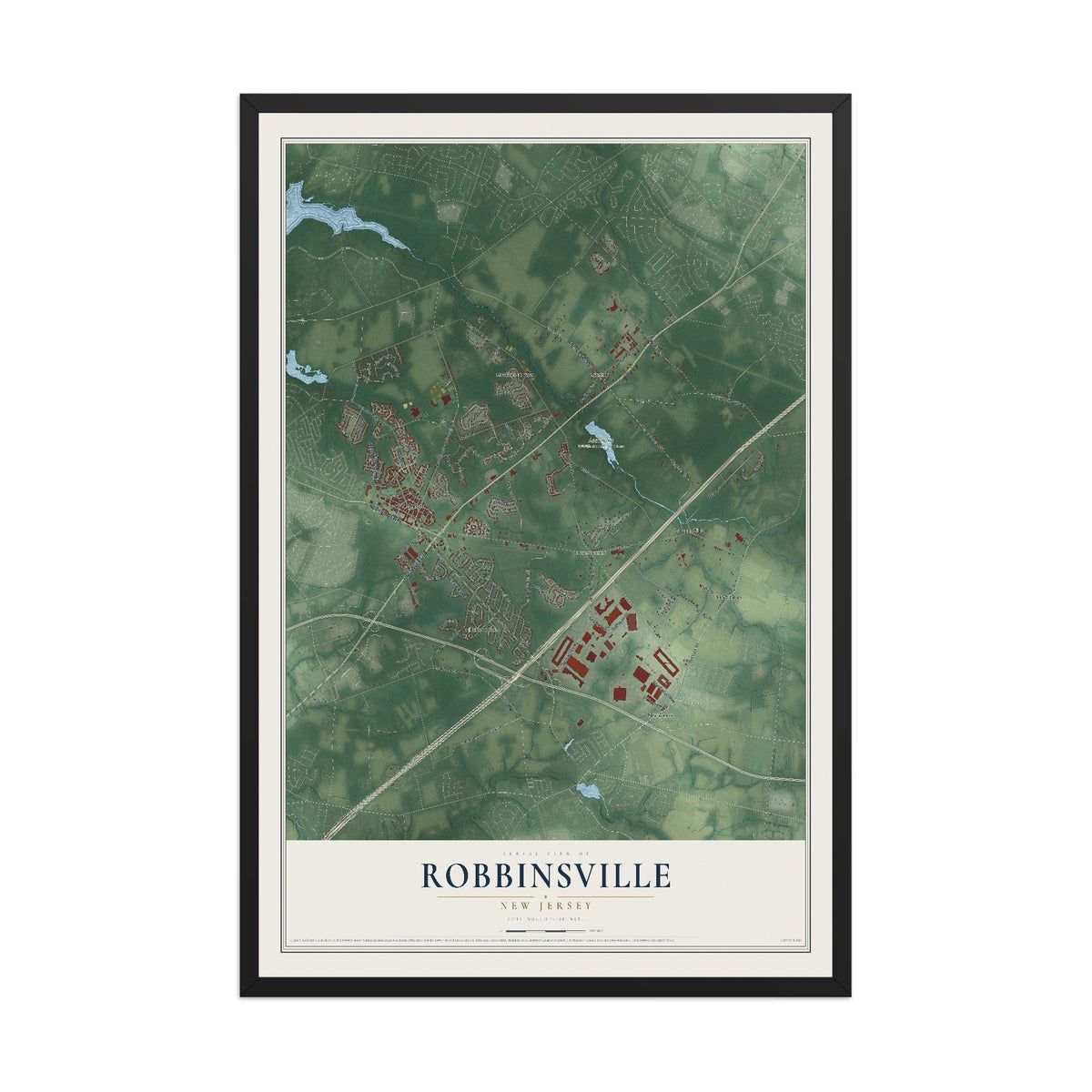 Robbinsville, New Jersey map print, 12" x 18" W/ Black Ayous Wood Frame mockup