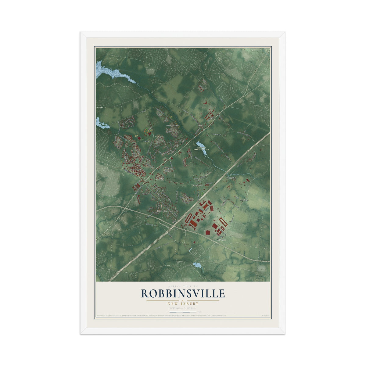 Robbinsville, New Jersey map print, 12" x 18" W/ White Ayous Wood Frame mockup