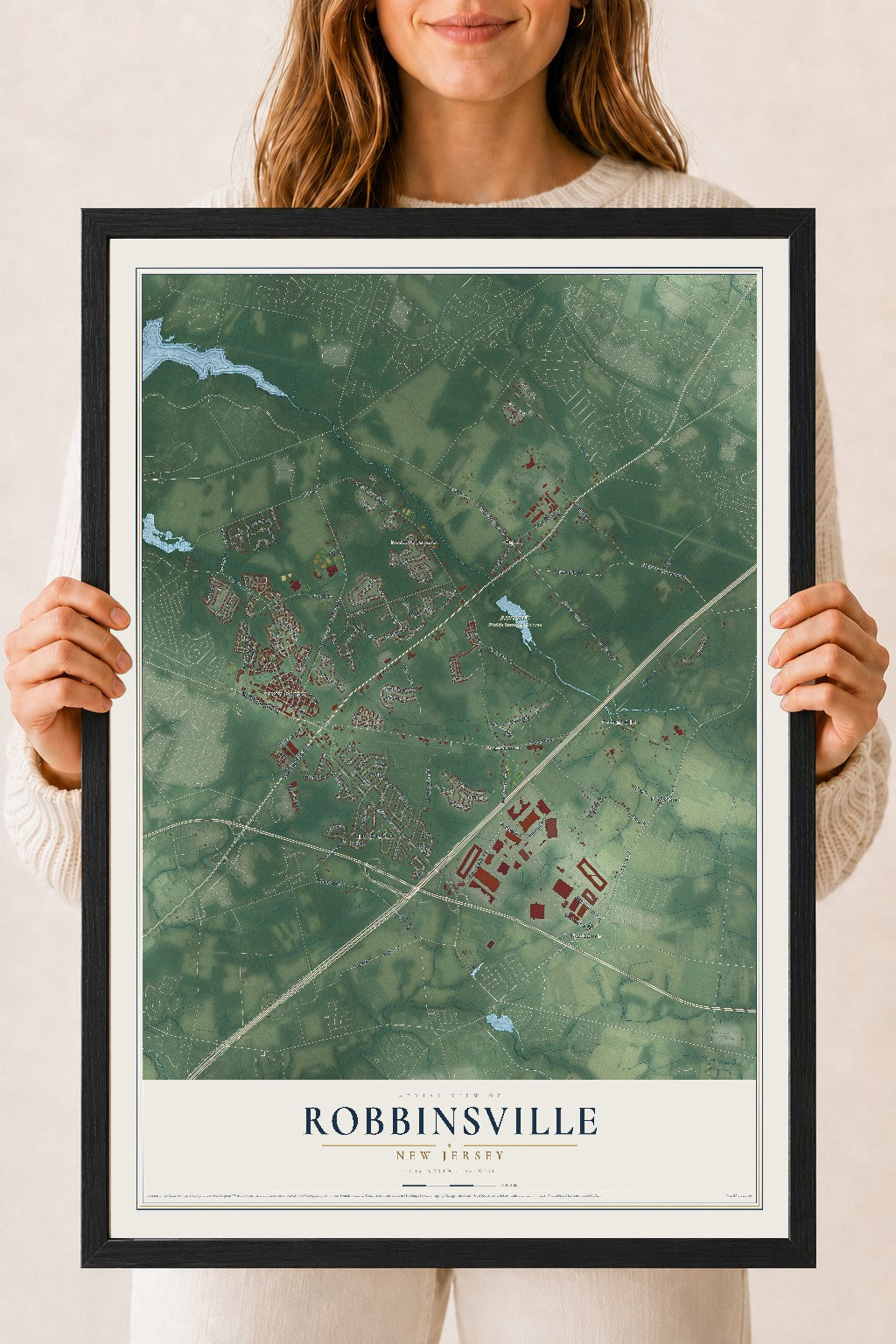 Robbinsville, New Jersey map print, 18" x 24" W/ Black Ayous Wood Frame mockup