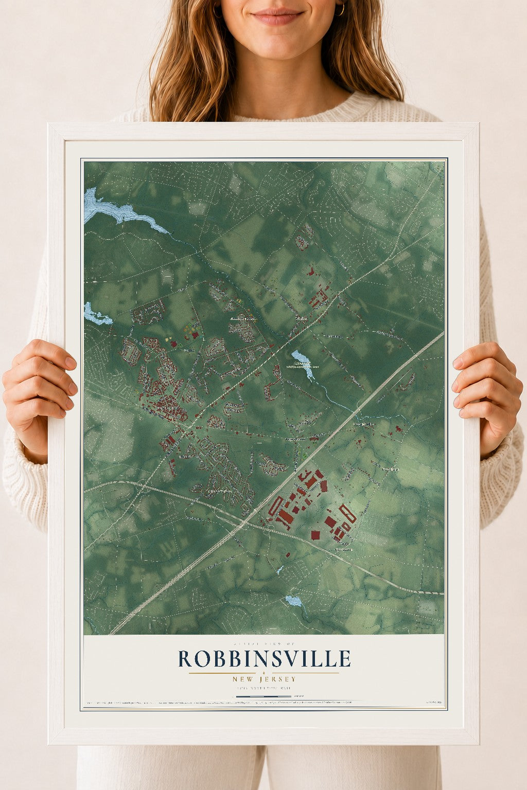 Robbinsville, New Jersey map print, 18" x 24" W/ White Ayous Wood Frame mockup