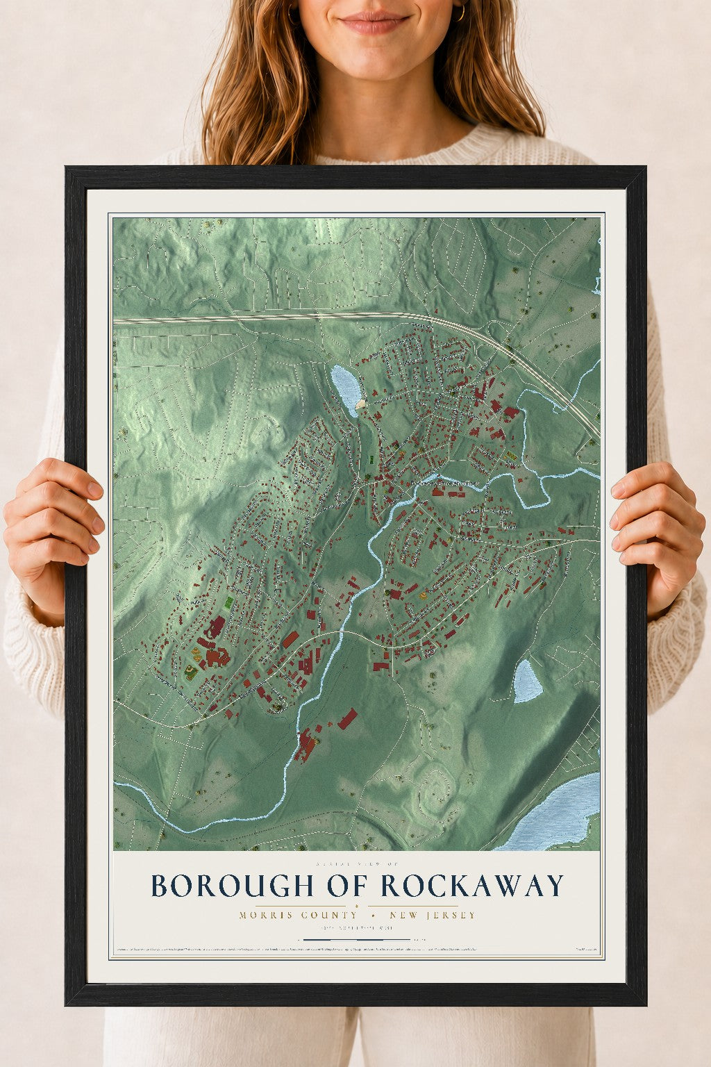 Borough of Rockaway, New Jersey map print, 18" x 24" W/ Black Ayous Wood Frame mockup
