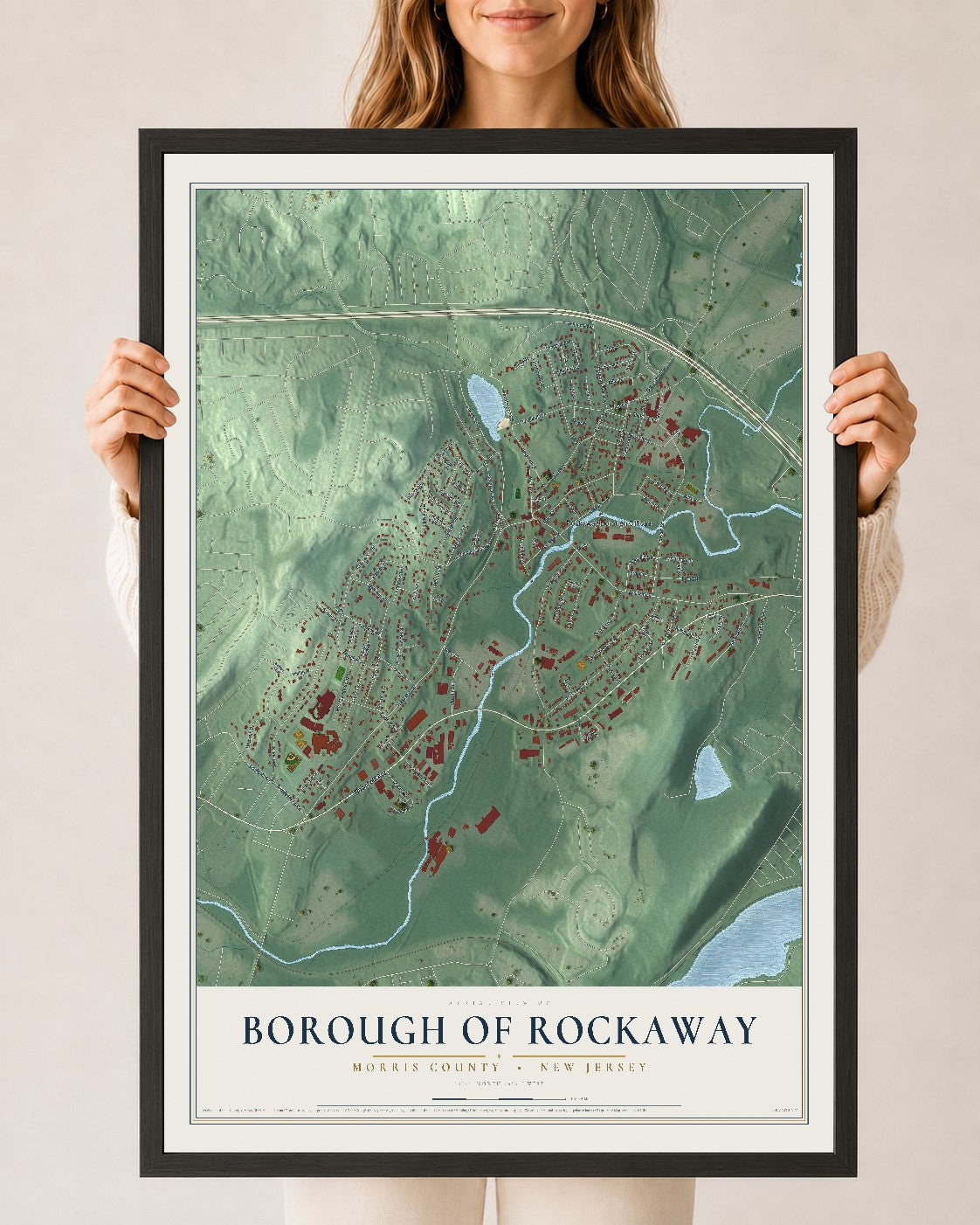 Borough of Rockaway, New Jersey map print, 24" x 36" W/ Black Ayous Wood Frame mockup