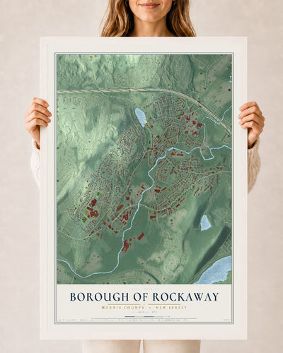 Borough of Rockaway, New Jersey map print, 24" x 36" W/ White Ayous Wood Frame mockup