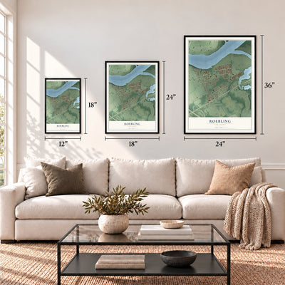 Roebling, New Jersey map in 12 x 18, 18 x 24 and 24 x 36 inch sizes above a sofa