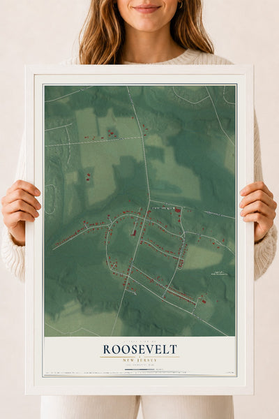 Roosevelt, New Jersey map print, 18" x 24" W/ White Ayous Wood Frame mockup