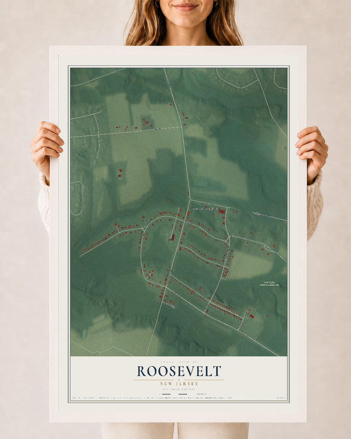 Roosevelt, New Jersey map print, 24" x 36" W/ White Ayous Wood Frame mockup