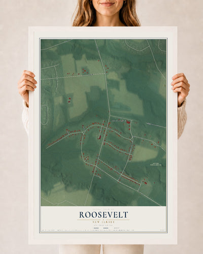 Roosevelt, New Jersey map print, 24" x 36" W/ White Ayous Wood Frame mockup