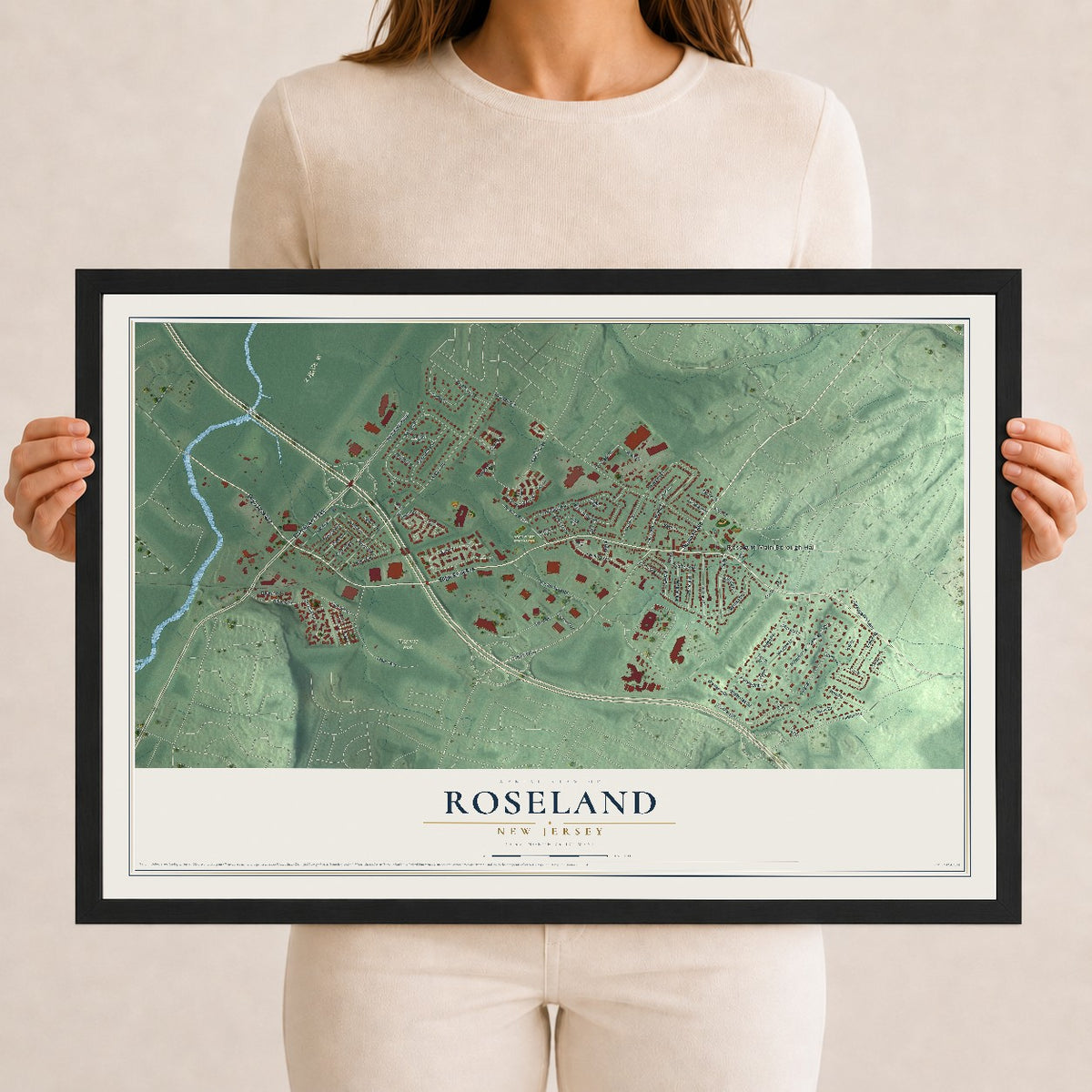 Roseland, New Jersey map print, 12" x 18" W/ Black Ayous Wood Frame mockup