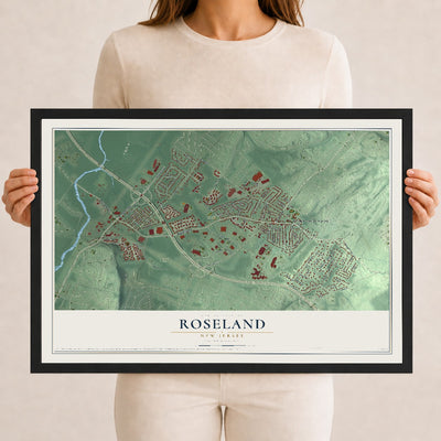 Roseland, New Jersey map print, 12" x 18" W/ Black Ayous Wood Frame mockup
