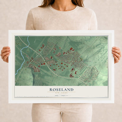 Roseland, New Jersey map print, 12" x 18" W/ White Ayous Wood Frame mockup