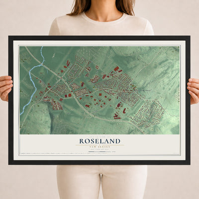 Roseland, New Jersey map print, 18" x 24" W/ Black Ayous Wood Frame mockup