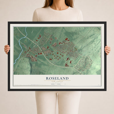 Roseland, New Jersey map print, 24" x 36" W/ Black Ayous Wood Frame mockup