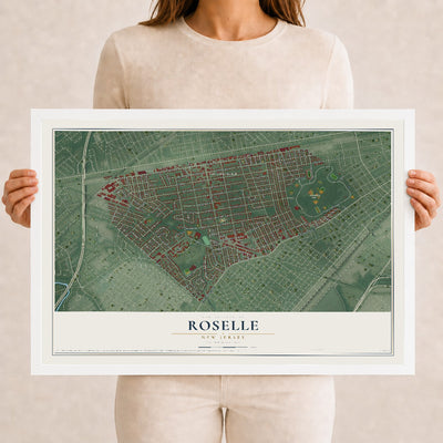 Roselle, New Jersey map print, 12" x 18" W/ White Ayous Wood Frame mockup