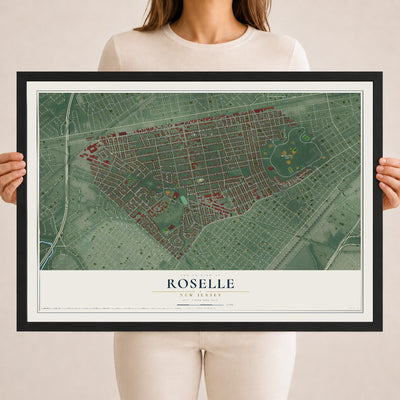 Roselle, New Jersey map print, 18" x 24" W/ Black Ayous Wood Frame mockup