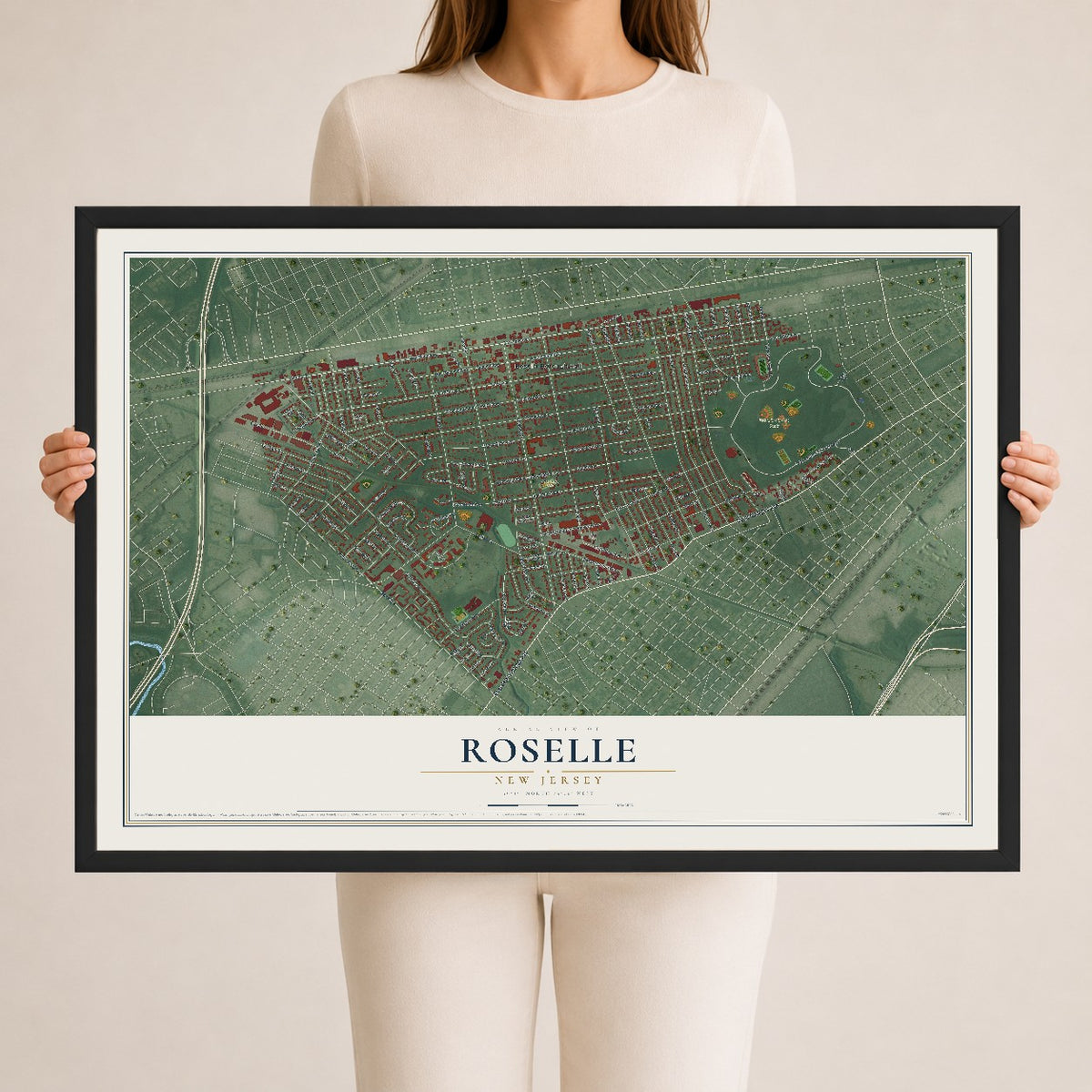 Roselle, New Jersey map print, 24" x 36" W/ Black Ayous Wood Frame mockup